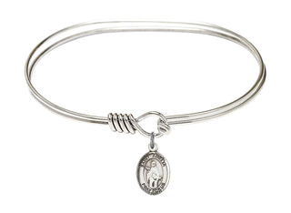 7 inch Oval Eye Hook Rhodium Bangle Bracelet with a Sterling Silver Saint Amelia charm. Engraved Catholic Saint Jewelry