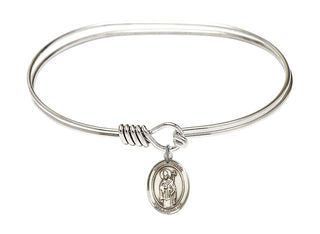 7 inch Oval Eye Hook Rhodium Bangle Bracelet with a Sterling Silver Saint Ronan charm. Engraved Catholic Saint Jewelry