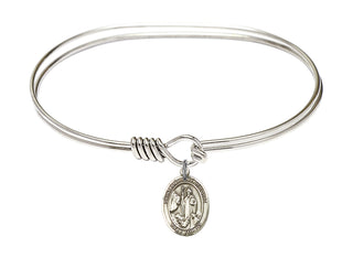 7 inch Oval Eye Hook Rhodium Bangle Bracelet with a Sterling Silver Saint Anthony of Egypt charm. Engraved Catholic Saint Jewelry