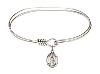 7 inch Oval Eye Hook Rhodium Bangle Bracelet with a Sterling Silver Saint Odilia charm. Engraved Catholic Saint Jewelry