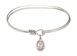 7 inch Oval Eye Hook Rhodium Bangle Bracelet with a Sterling Silver Saint Adrian of Nicomedia charm. Engraved Catholic Saint Jewelry