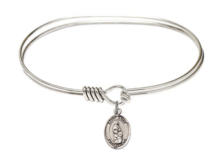 7 inch Oval Eye Hook Rhodium Bangle Bracelet with a Sterling Silver Saint Anne charm. Engraved Catholic Saint Jewelry