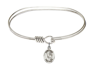 7 inch Oval Eye Hook Rhodium Bangle Bracelet with a Sterling Silver Saint Regis charm. Engraved Catholic Saint Jewelry