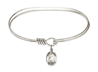 7 inch Oval Eye Hook Rhodium Bangle Bracelet with a Sterling Silver Saint Theodora charm. Engraved Catholic Saint Jewelry