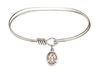7 inch Oval Eye Hook Rhodium Bangle Bracelet with a Sterling Silver Saint Bernadine of Sienna charm. Engraved Catholic Saint Jewelry