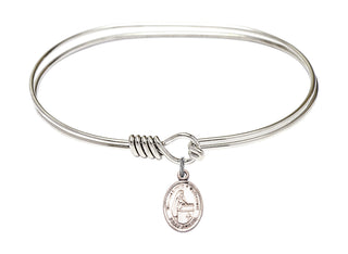 7 inch Oval Eye Hook Rhodium Bangle Bracelet with a Sterling Silver Blessed Emilee Doultremont charm. Engraved Catholic Saint Jewelry