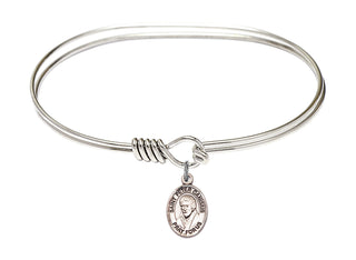 7 inch Oval Eye Hook Rhodium Bangle Bracelet with a Sterling Silver Saint Peter Canisius charm. Engraved Catholic Saint Jewelry