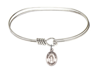 7 inch Oval Eye Hook Rhodium Bangle Bracelet with a Sterling Silver Saint Columbkille charm. Engraved Catholic Saint Jewelry