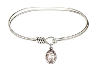 7 inch Oval Eye Hook Rhodium Bangle Bracelet with a Sterling Silver Saint Jeanne Chezard de Matel charm. Engraved Catholic Saint Jewelry