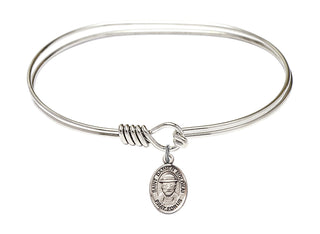 7 inch Oval Eye Hook Rhodium Bangle Bracelet with a Sterling Silver Saint Damien of Molokai charm. Engraved Catholic Saint Jewelry