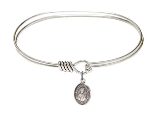 7 inch Oval Eye Hook Rhodium Bangle Bracelet with a Sterling Silver Our Lady of Czestochowa charm.
