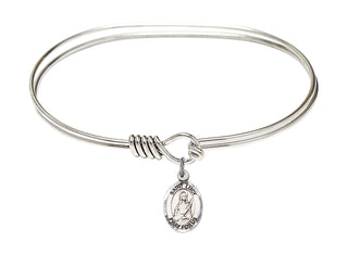 7 inch Oval Eye Hook Rhodium Bangle Bracelet with a Sterling Silver Saint Lucy charm. Engraved Catholic Saint Jewelry