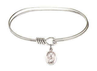 7 inch Oval Eye Hook Rhodium Bangle Bracelet with a Sterling Silver Saint Medard of Noyon charm. Engraved Catholic Saint Jewelry