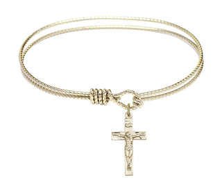 7 1/4 inch Oval Eye Hook Hamilton Gold Bangle Bracelet with a 14kt Gold Filled Crucifix charm.