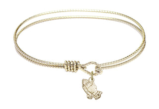 7 1/4 inch Oval Eye Hook Hamilton Gold Bangle Bracelet with a 14kt Gold Filled Praying Hands charm.