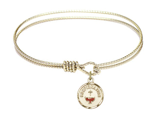 7 1/4 inch Oval Eye Hook Hamilton Gold Bangle Bracelet with a 14kt Gold Filled Confirmation charm. Engraved Catholic Saint Jewelry
