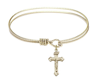 7 1/4 inch Oval Eye Hook Hamilton Gold Bangle Bracelet with a 14kt Gold Filled Crucifix charm.
