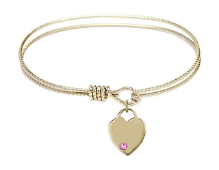 7 1/4 inch Oval Eye Hook Hamilton Gold Bangle Bracelet with a 14kt Gold Filled Heart charm. Engraved Catholic Saint Jewelry