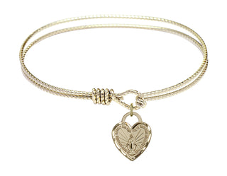 7 1/4 inch Oval Eye Hook Hamilton Gold Bangle Bracelet with a 14kt Gold Filled Miraculous Heart charm. Engraved Catholic Saint Jewelry