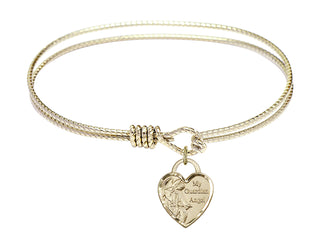 7 1/4 inch Oval Eye Hook Hamilton Gold Bangle Bracelet with a 14kt Gold Filled Guardian Angel Heart charm. Engraved Catholic Saint Jewelry