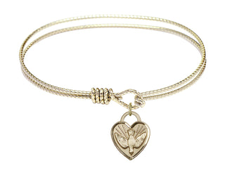 7 1/4 inch Oval Eye Hook Hamilton Gold Bangle Bracelet with a 14kt Gold Filled Confirmation Heart charm. Engraved Catholic Saint Jewelry