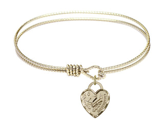 7 1/4 inch Oval Eye Hook Hamilton Gold Bangle Bracelet with a 14kt Gold Filled Graduation Heart charm. Engraved Catholic Saint Jewelry
