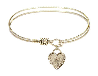 7 1/4 inch Oval Eye Hook Hamilton Gold Bangle Bracelet with a 14kt Gold Filled Our Lady of Guadalupe Heart charm.