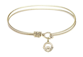 7 1/4 inch Oval Eye Hook Hamilton Gold Bangle Bracelet with a 14kt Gold Filled Claddagh charm.