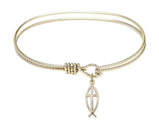 7 1/4 inch Oval Eye Hook Hamilton Gold Bangle Bracelet with a 14kt Gold Filled Fish / Cross charm.