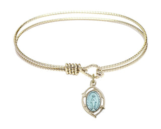 7 1/4 inch Oval Eye Hook Hamilton Gold Bangle Bracelet with a 14kt Gold Filled Miraculous Leaf charm.
