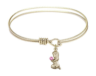 7 1/4 inch Oval Eye Hook Hamilton Gold Bangle Bracelet with a 14kt Gold Filled Praying Girl charm.