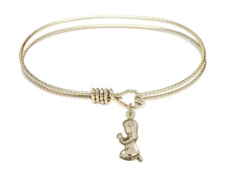 7 1/4 inch Oval Eye Hook Hamilton Gold Bangle Bracelet with a 14kt Gold Filled Praying Girl charm.