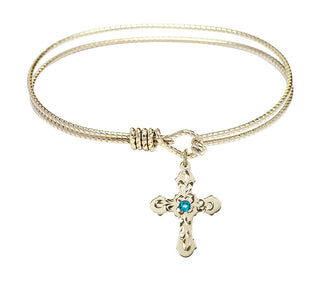 7 1/4 inch Oval Eye Hook Hamilton Gold Bangle Bracelet with a 14kt Gold Filled Cross charm. Engraved Catholic Saint Jewelry