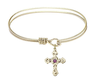 7 1/4 inch Oval Eye Hook Hamilton Gold Bangle Bracelet with a 14kt Gold Filled Cross charm. Engraved Catholic Saint Jewelry