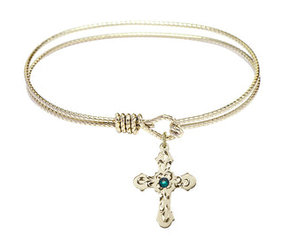 7 1/4 inch Oval Eye Hook Hamilton Gold Bangle Bracelet with a 14kt Gold Filled Cross charm. Engraved Catholic Saint Jewelry
