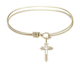 7 1/4 inch Oval Eye Hook Hamilton Gold Bangle Bracelet with a 14kt Gold Filled Cross on Cross charm. Engraved Catholic Saint Jewelry