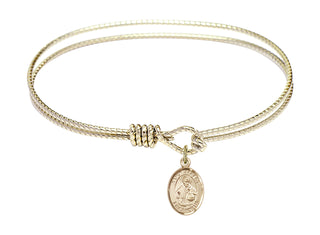 7 1/4 inch Oval Eye Hook Hamilton Gold Bangle Bracelet with a 14kt Gold Filled Saint Albert the Great charm. Engraved Catholic Saint Jewelry