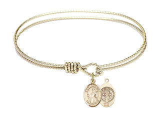 7 1/4 inch Oval Eye Hook Hamilton Gold Bangle Bracelet with a 14kt Gold Filled Saint Benedict charm.