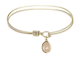7 1/4 inch Oval Eye Hook Hamilton Gold Bangle Bracelet with a 14kt Gold Filled Saint Christopher charm. Engraved Catholic Saint Jewelry