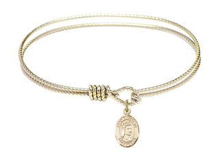 7 1/4 inch Oval Eye Hook Hamilton Gold Bangle Bracelet with a 14kt Gold Filled Saint Elizabeth of Hungary charm. Engraved Catholic Saint Jewelry