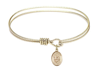 7 1/4 inch Oval Eye Hook Hamilton Gold Bangle Bracelet with a 14kt Gold Filled Saint George charm. Engraved Catholic Saint Jewelry