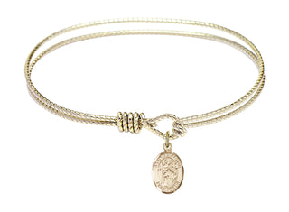 7 1/4 inch Oval Eye Hook Hamilton Gold Bangle Bracelet with a 14kt Gold Filled Saint Sebastian charm. Engraved Catholic Saint Jewelry