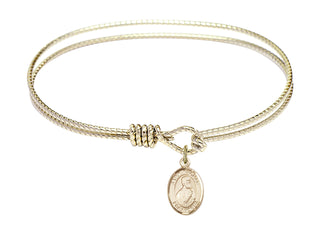7 1/4 inch Oval Eye Hook Hamilton Gold Bangle Bracelet with a 14kt Gold Filled Saint Thomas the Apostle charm. Engraved Catholic Saint Jewelry