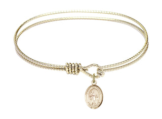 7 1/4 inch Oval Eye Hook Hamilton Gold Bangle Bracelet with a 14kt Gold Filled Saint Zachary charm. Engraved Catholic Saint Jewelry