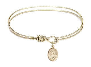 7 1/4 inch Oval Eye Hook Hamilton Gold Bangle Bracelet with a 14kt Gold Filled Saint Leo the Great charm. Engraved Catholic Saint Jewelry