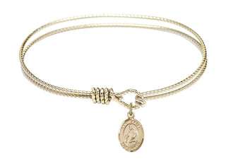 7 1/4 inch Oval Eye Hook Hamilton Gold Bangle Bracelet with a 14kt Gold Filled Saint Agnes of Rome charm. Engraved Catholic Saint Jewelry