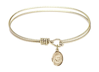 7 1/4 inch Oval Eye Hook Hamilton Gold Bangle Bracelet with a 14kt Gold Filled Saint Vincent de Paul charm. Engraved Catholic Saint Jewelry