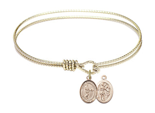 7 1/4 inch Oval Eye Hook Hamilton Gold Bangle Bracelet with a 14kt Gold Filled Saint Sebastian/Tennis charm.