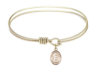 7 1/4 inch Oval Eye Hook Hamilton Gold Bangle Bracelet with a 14kt Gold Filled San Juan de la Cruz charm. Engraved Catholic Saint Jewelry