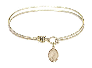 7 1/4 inch Oval Eye Hook Hamilton Gold Bangle Bracelet with a 14kt Gold Filled Blessed Trinity charm. Engraved Catholic Saint Jewelry